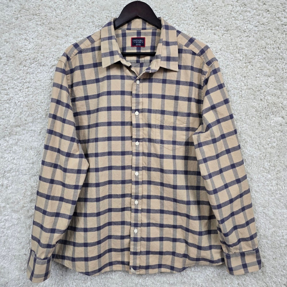 UNTUCKit Barnard Plaid Button Down Shirt‎ Mens XXL Tan Navy Blue 100% Cotton